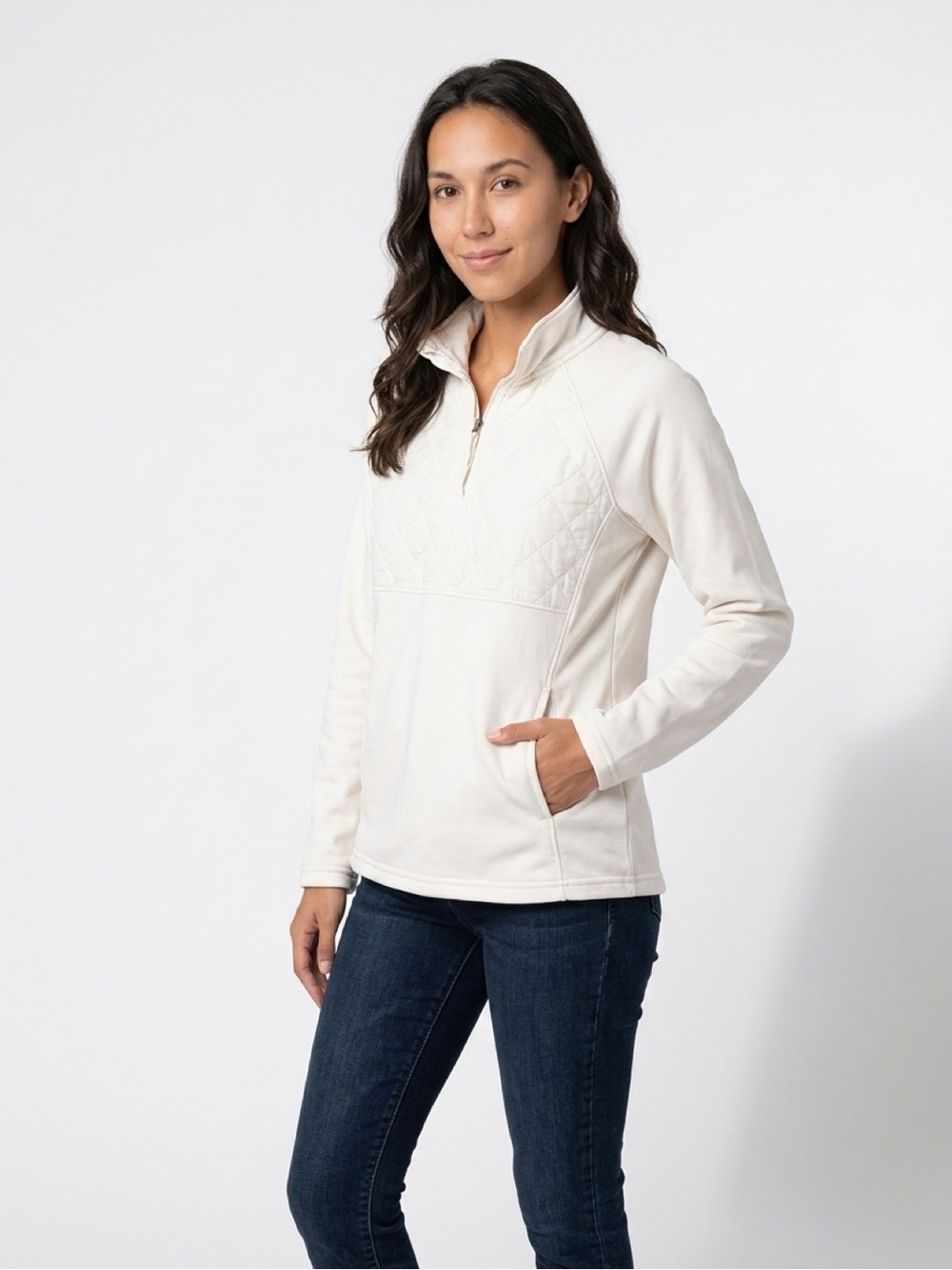 Women’s Quilted Quarter-Zip Pullover Athletic Sweatshirt - White